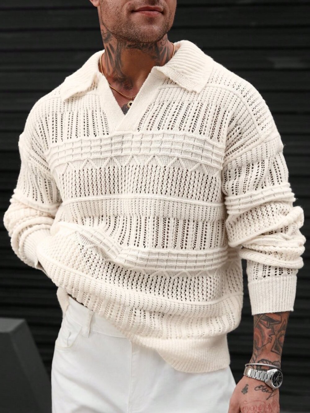 Multicolor Casual Men's Loose Drop Sleeve Rib-Knit Hollow Out Sweater